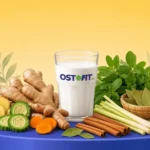 Segelas susu herbal Ostofit dengan kandungan herbal jahe, kunyit, temulawak, hingga sereh.