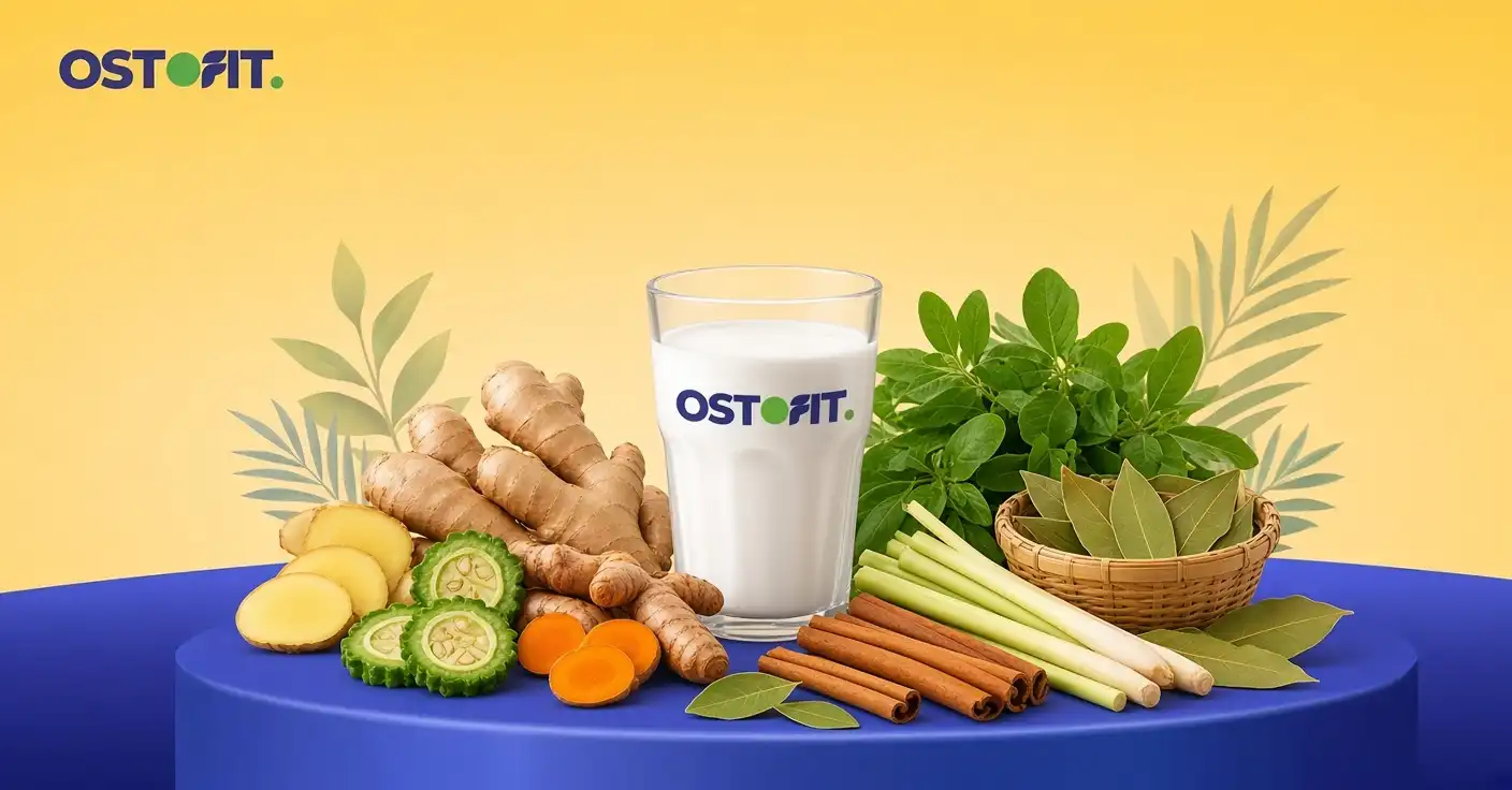 Segelas susu herbal Ostofit dengan kandungan herbal jahe, kunyit, temulawak, hingga sereh.