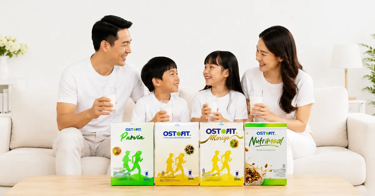 Ilustrasi keluarga minum susu Ostofit