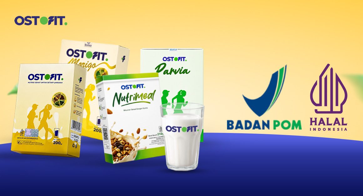 Ragam varian susu herbal Ostofit dengan logo BPOM dan Halal