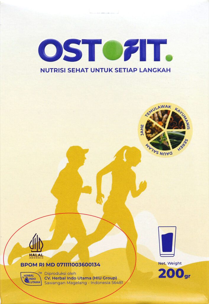 Tampak depan kemasan Ostofit Original dengan logo BPOM dan halal yang dilingkari.