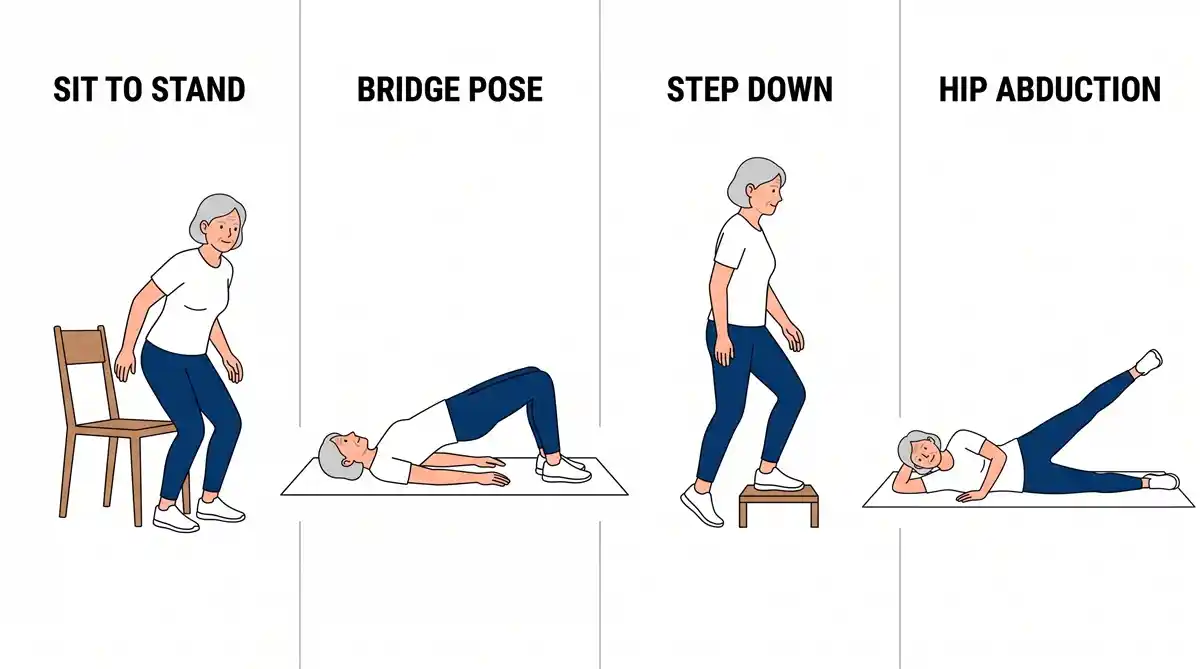 Contoh ilustrasi penguatan otot paha, bokong, dan pinggul dengan gerakan sit to stand, brigde pose, step down, dan hip abduction.