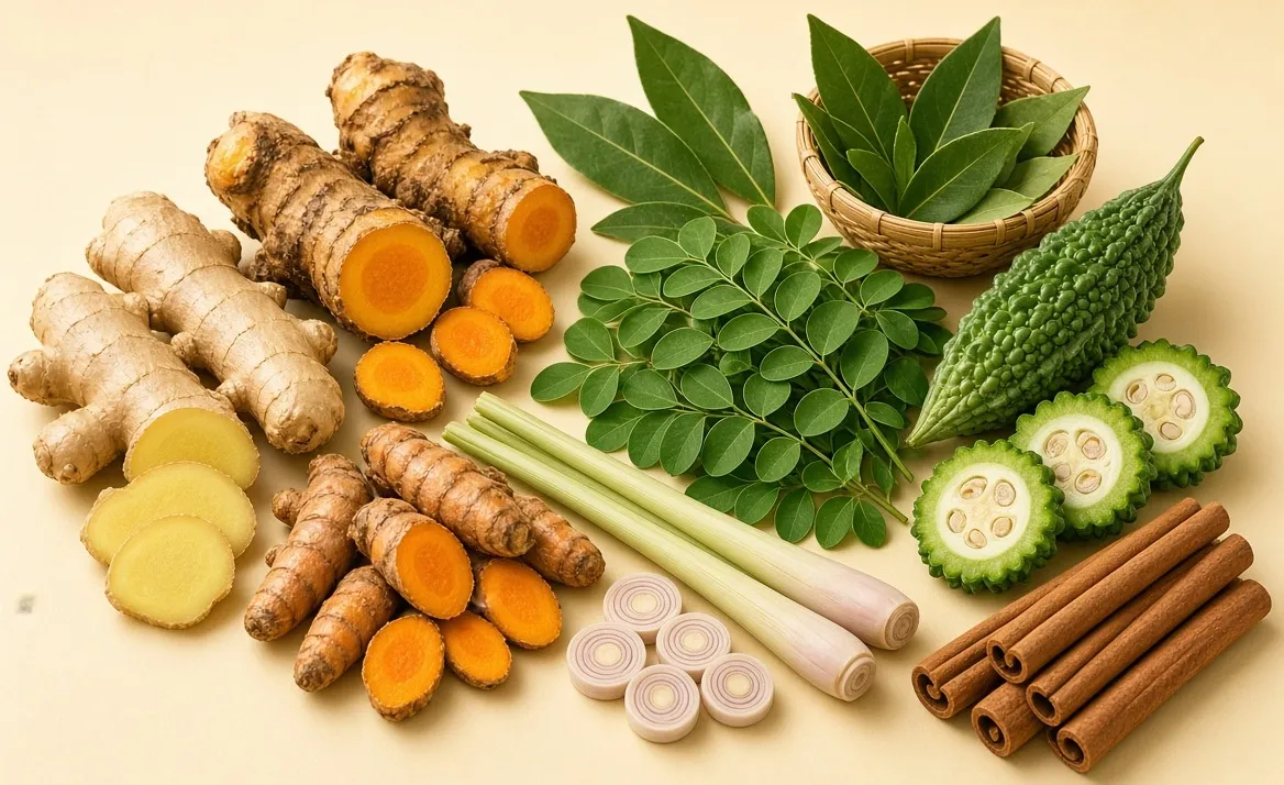 Delapan herbal alami yakni, jahe, pare, daun kelor, temulawak, kunyit, kayu manis, daun salam, sereh
