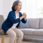Seorang perempuan paruh baya atau pra-lansia sedang melakukan gerakan sit to stand atau semi squat.