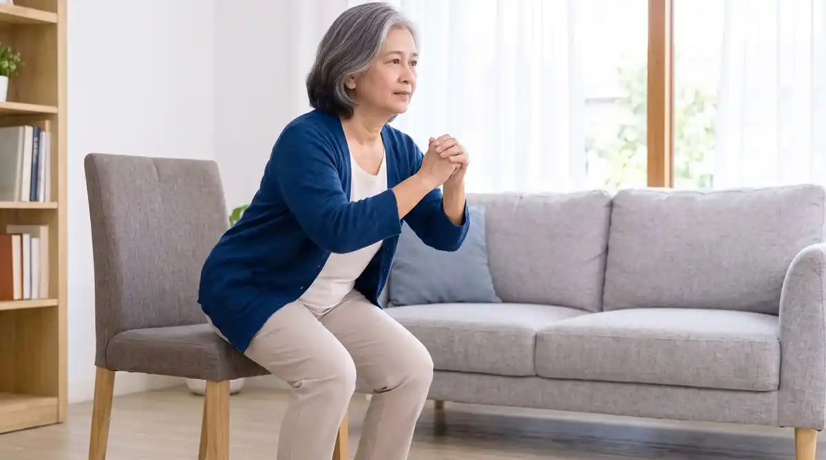 Seorang perempuan paruh baya atau pra-lansia sedang melakukan gerakan sit to stand atau semi squat.