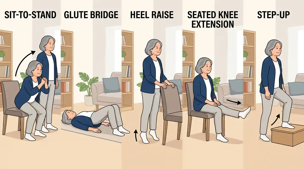 Contoh gerakan untuk memperkuat lutut bagi penderita pengapuran sendi, yakni sit to stand, glute bridge, heel raise, seated knee extension, dan step-uup.