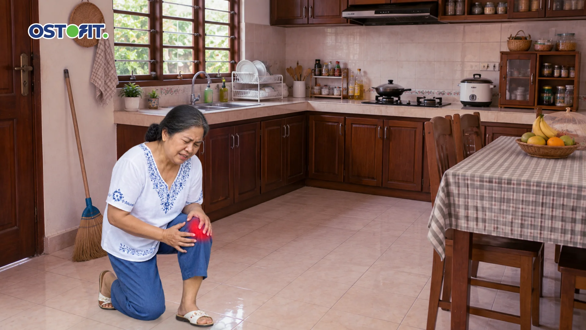 Seorang ibu rumah tangga mengalami gealaja nyeri sendi pada bagian lutut sebelah kiri.