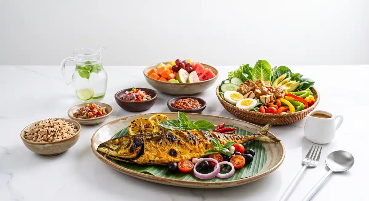 Sajian menu diet Mediterania ala Indonesia di atas meja putih bersih, menampilkan ikan kembung bakar bumbu kuning di atas daun pisang, didampingi mangkuk nasi merah, salad sayur segar dengan tempe dan telur rebus, semangkuk buah potong, aneka sambal tradisional, serta segelas infused water.