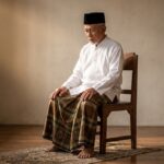 Orang tua laki-laki melakukan sholat duduk.