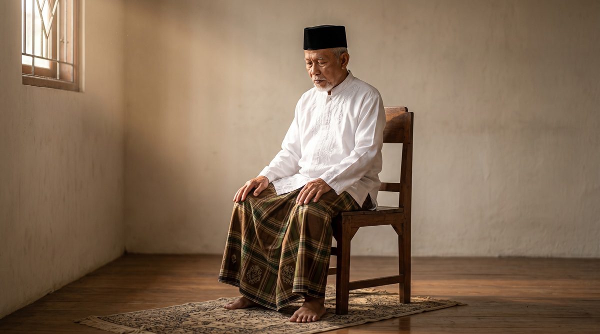 Orang tua laki-laki melakukan sholat duduk.