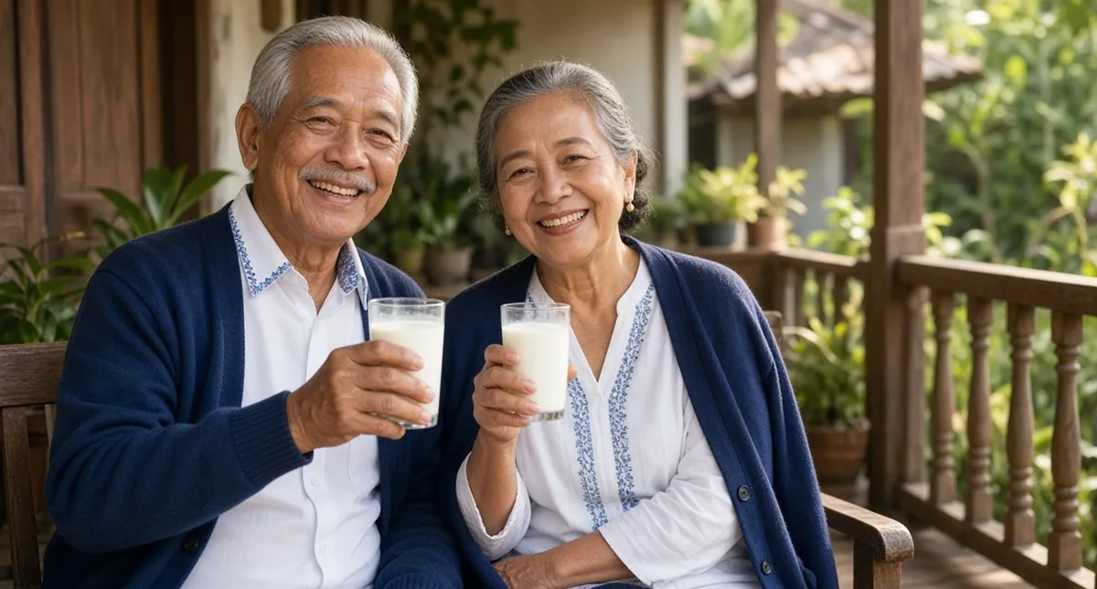 Ilustrasi pasangan lansia minum susu