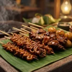 Aneka olahan jeroan beraupa sate usus hingga sate telur puyuh di meja angkringan.