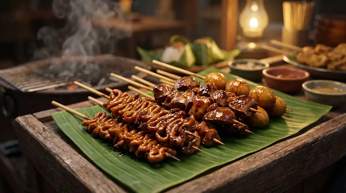 Aneka olahan jeroan beraupa sate usus hingga sate telur puyuh di meja angkringan.