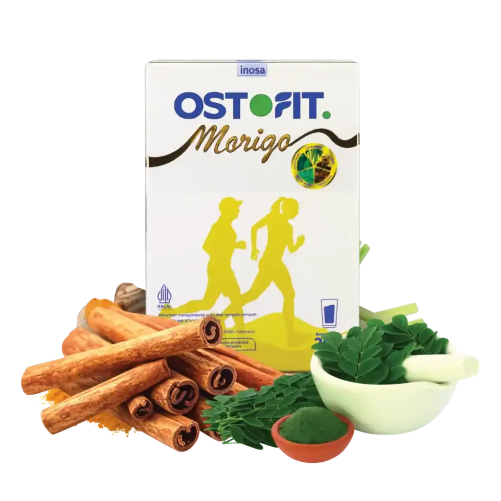 Tampak depan kemasan Ostofit Morigo dengan rempah kayu manis dan daun kelor.