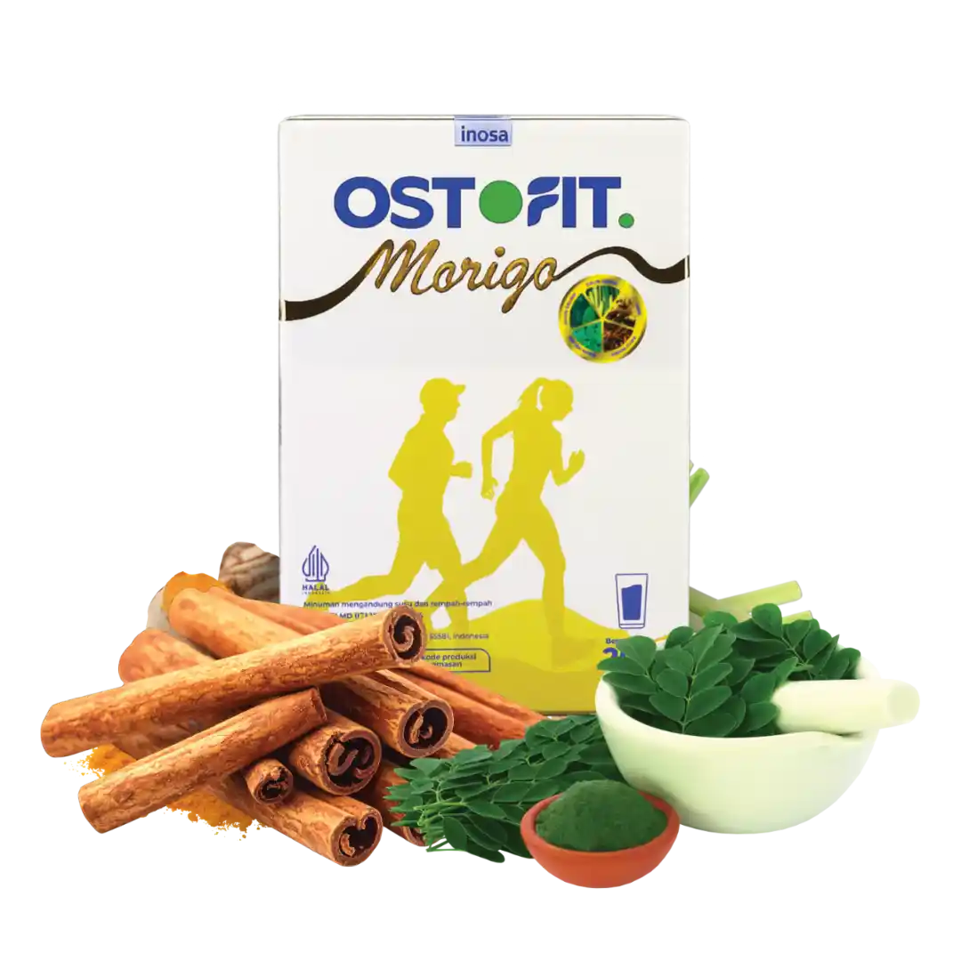 Tampak dengan kemasan susu Ostofit Morigo dengan daun kelor dan kayu manis.