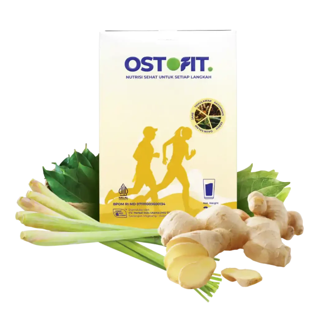 Tampak depan kemasan Ostofit Original dengan herbal jahe, sereh, dan daun salam.