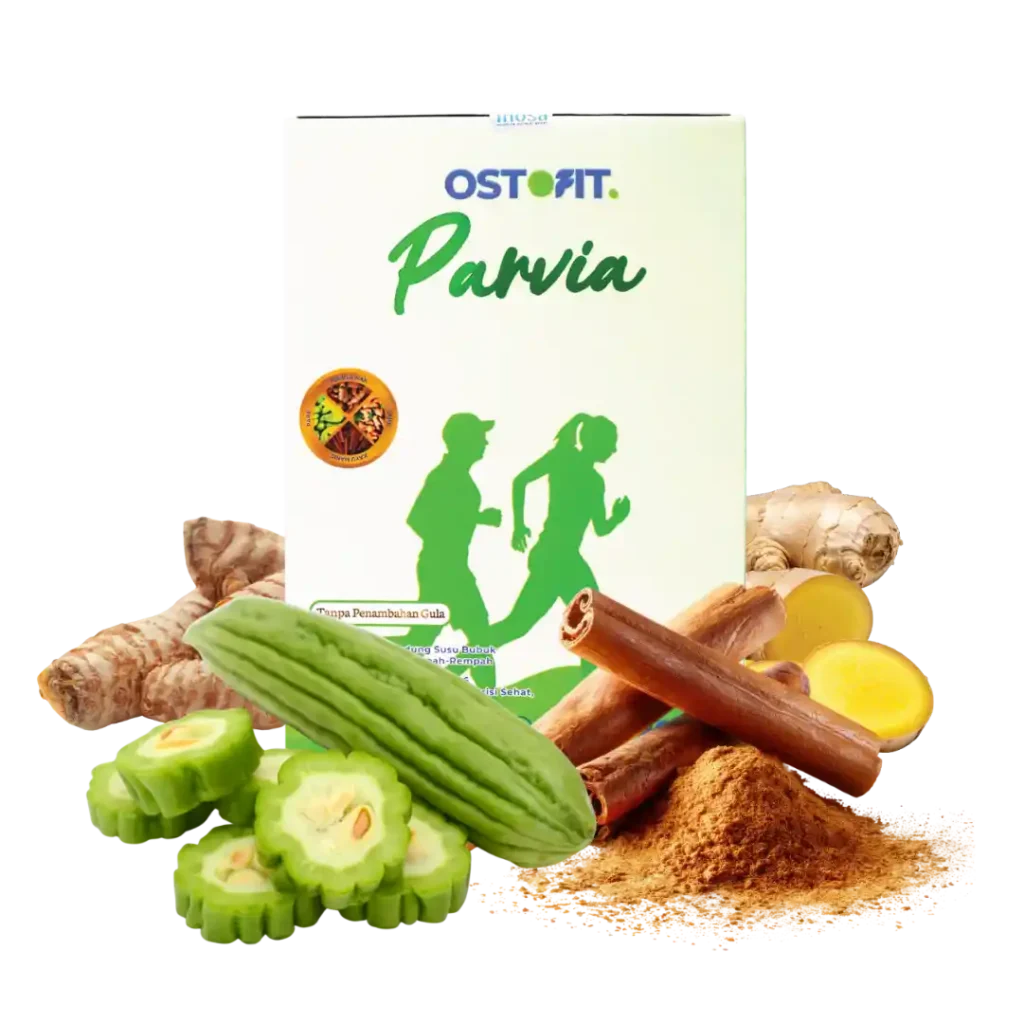 Tampak depan kemasan Ostofit Parvia dengan herbal pare, kayu manis, temulawak, dan jahe.