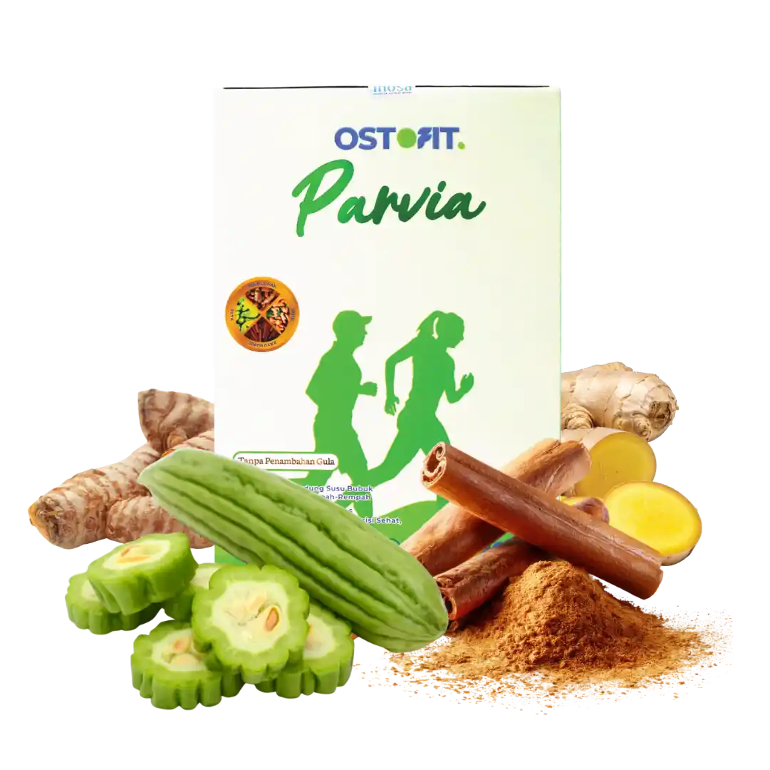 Tampak depan kemasan Ostofit Parvia dengan pare, kayu manis, tamulawak dan jahe.