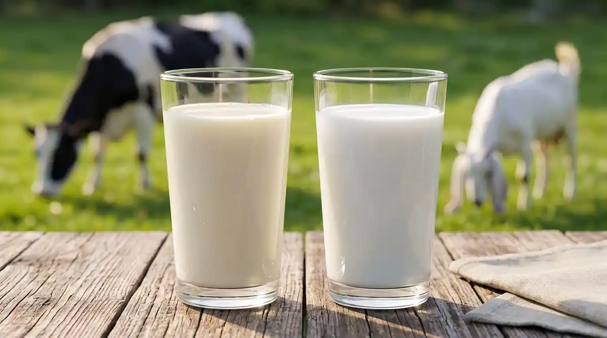 Dua gelas kaca berisi susu sapi perah dan susu kambing etawa lokal Indonesia.