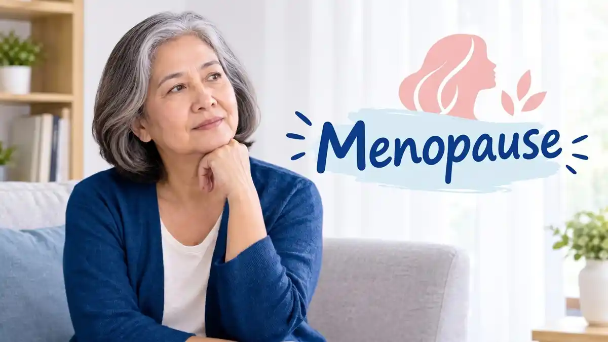 Seorang wanita lansia sedang duduk dengan ilustrasi manopause