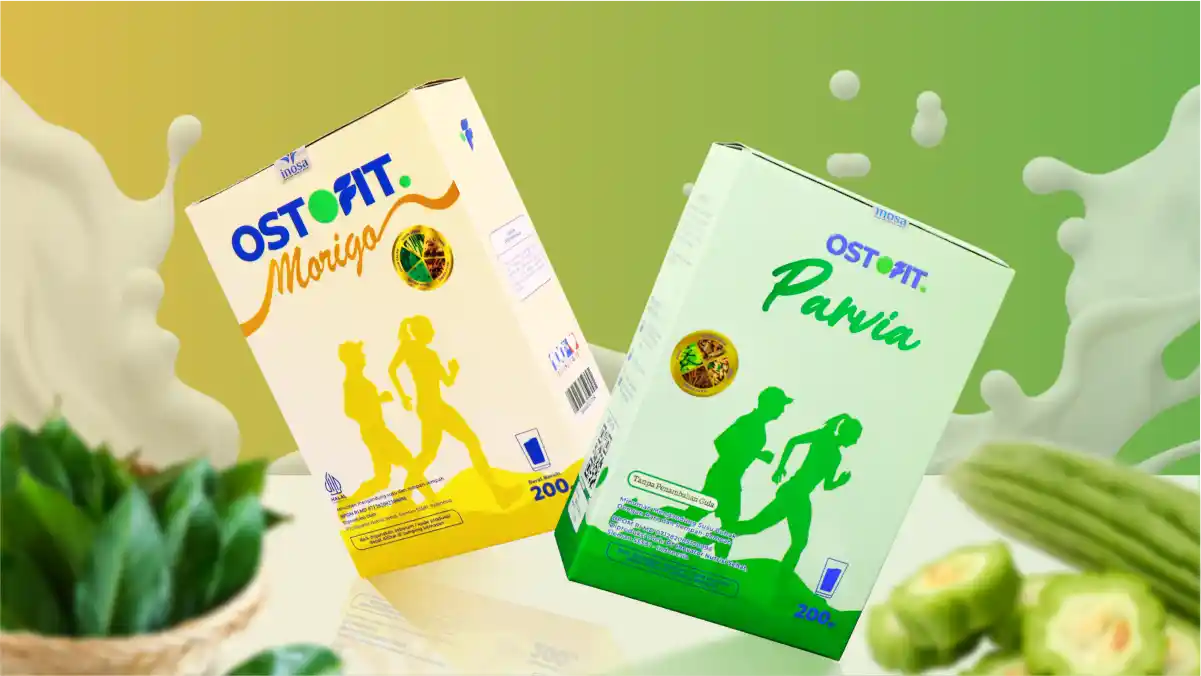 Kemasan produk Ostofit Morigo dengan herbal utama daun kelor dan Ostofit Parvia dengan kandungan pare.