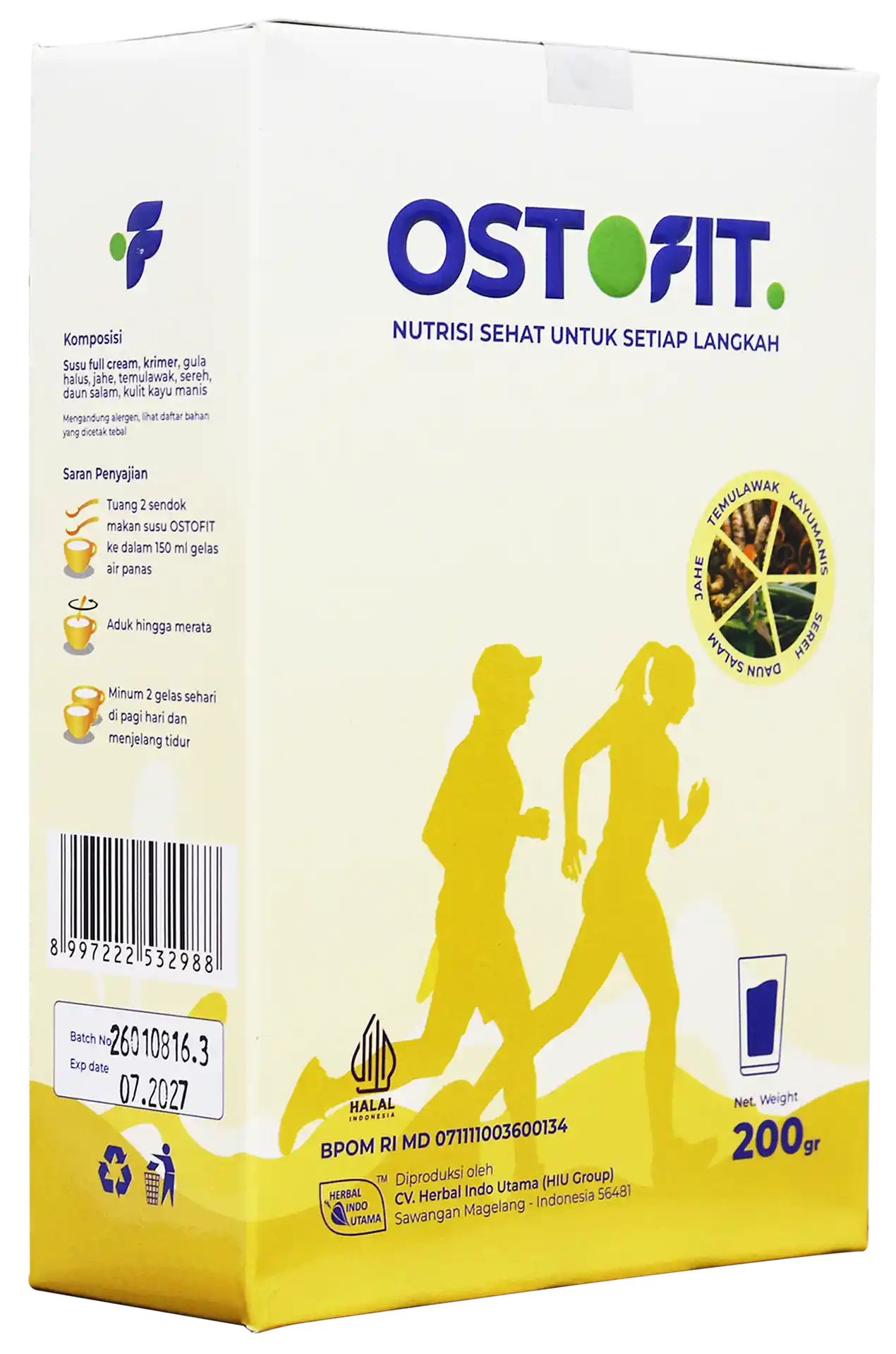 Kemasan susu herbal Ostofit Original tampak menyerong.