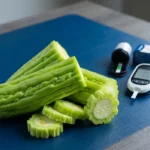 Pare yang diletakkan di meja dengan alat tes gula darah untuk mengukur risiko penyakit diabetes.