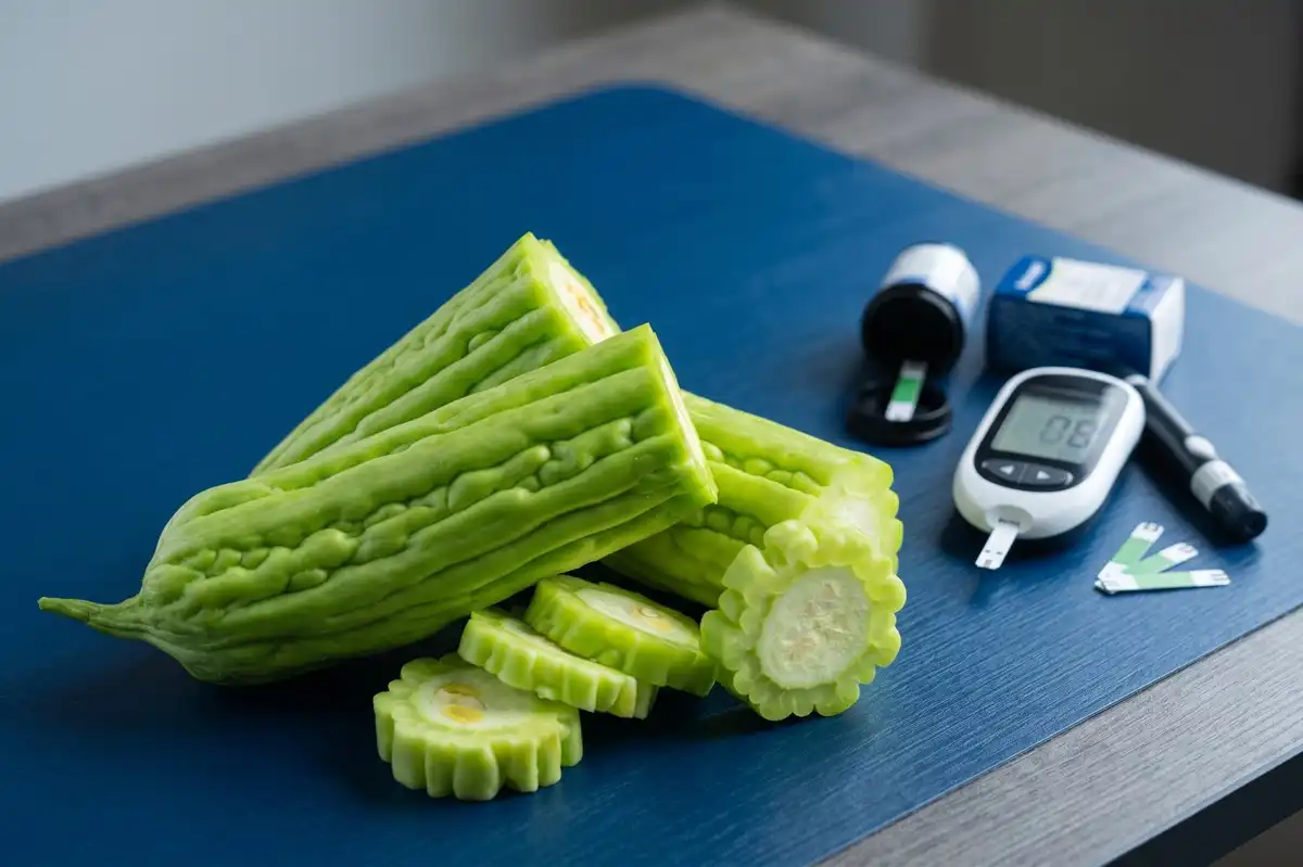 Pare yang diletakkan di meja dengan alat tes gula darah untuk mengukur risiko penyakit diabetes.