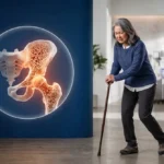 Seorang ibu rumah tangga kesulitasn berjalan menggunakan tongkat dengan ilustrasi pengeroposan tulang atau osteoporosis.