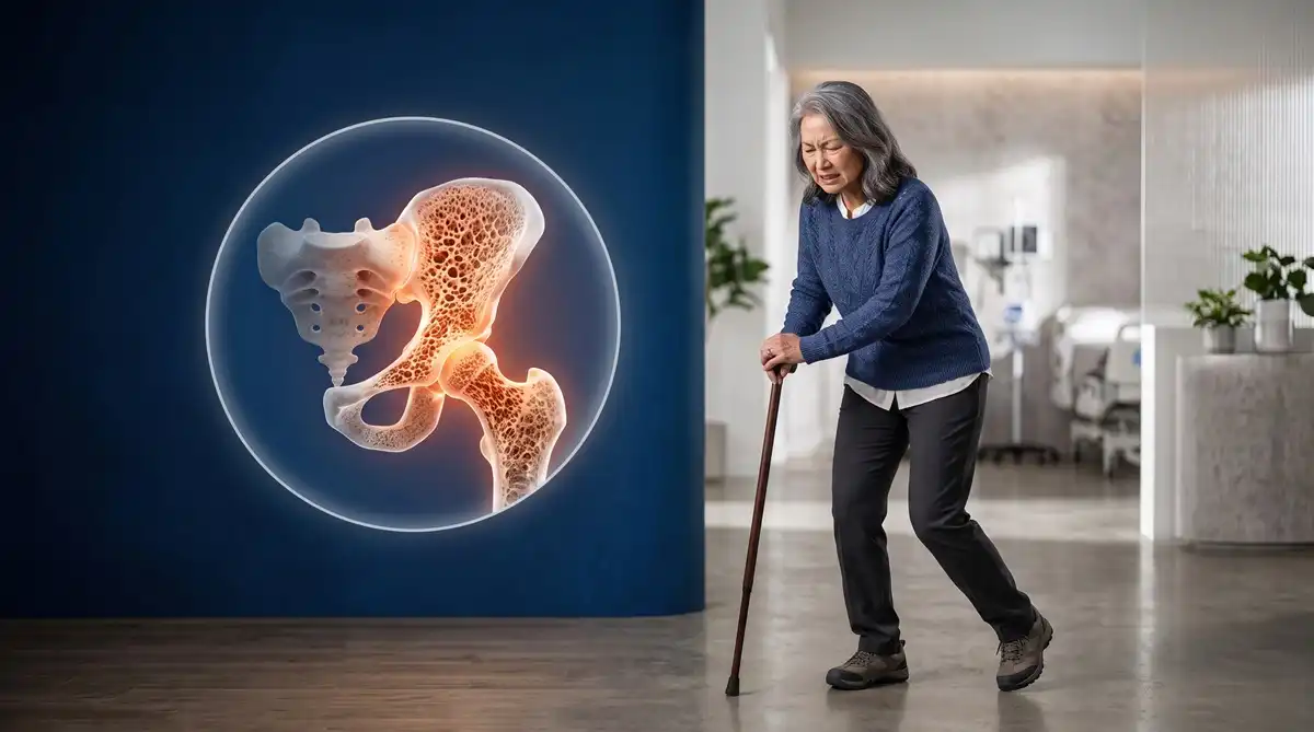 Seorang ibu rumah tangga kesulitasn berjalan menggunakan tongkat dengan ilustrasi pengeroposan tulang atau osteoporosis.