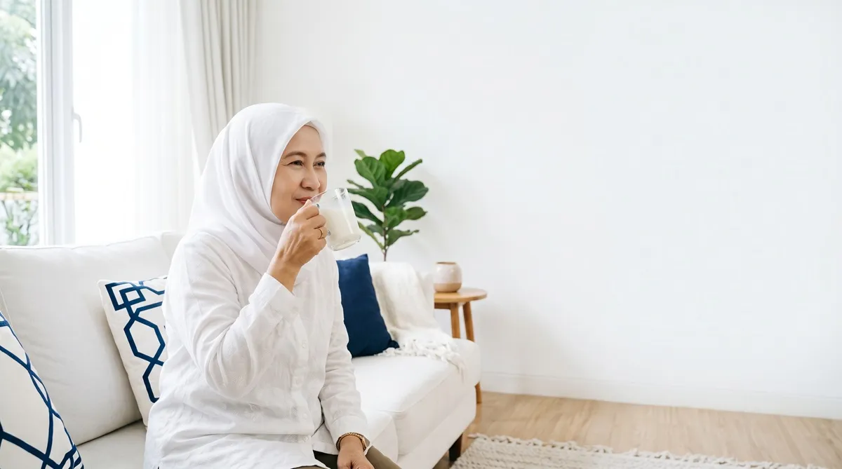Seorang ibu rumah tangga sedang duduk di dalam rumah dan meminum susu herbal.