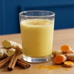Segelas susu herbal dengan jahe, kunyit, dan kayu manis